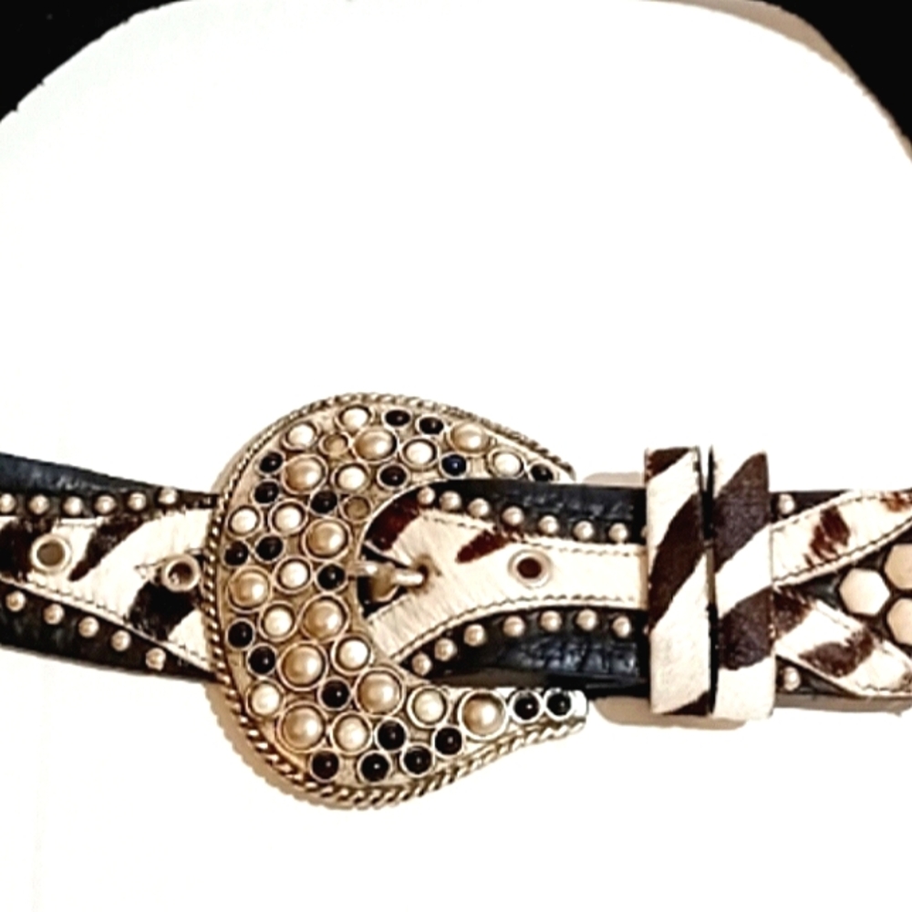 ZEBRA Stud & Haircalf Leather Leatherock Belt EUC